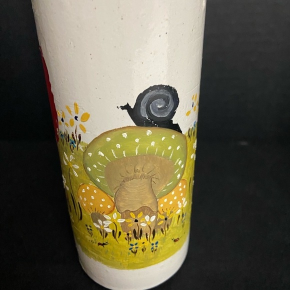 Vtg Stoneware Pottery Bottle Hand Painted Mushrooms Flowers Butterfly Snail - Picture 2 of 7